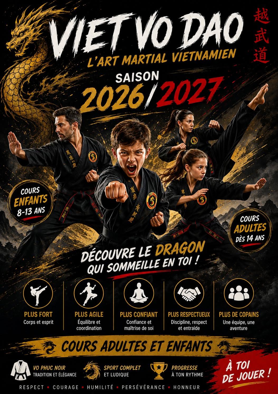 Poster: Family of martial artists in black uniforms striking poses