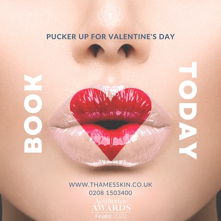 Valentine's Day creative ad: Close-up of pouting glossy nude lips with a red heart painted on them