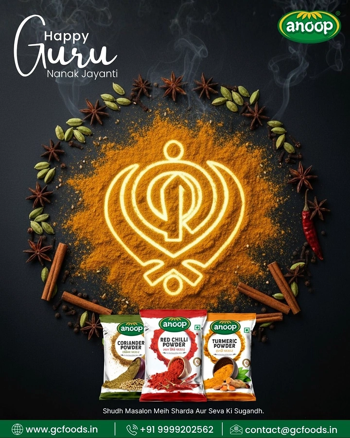 Guru Nanak Jayanti creative ad: Glowing Khanda drawn in turmeric powder ringed by whole spices