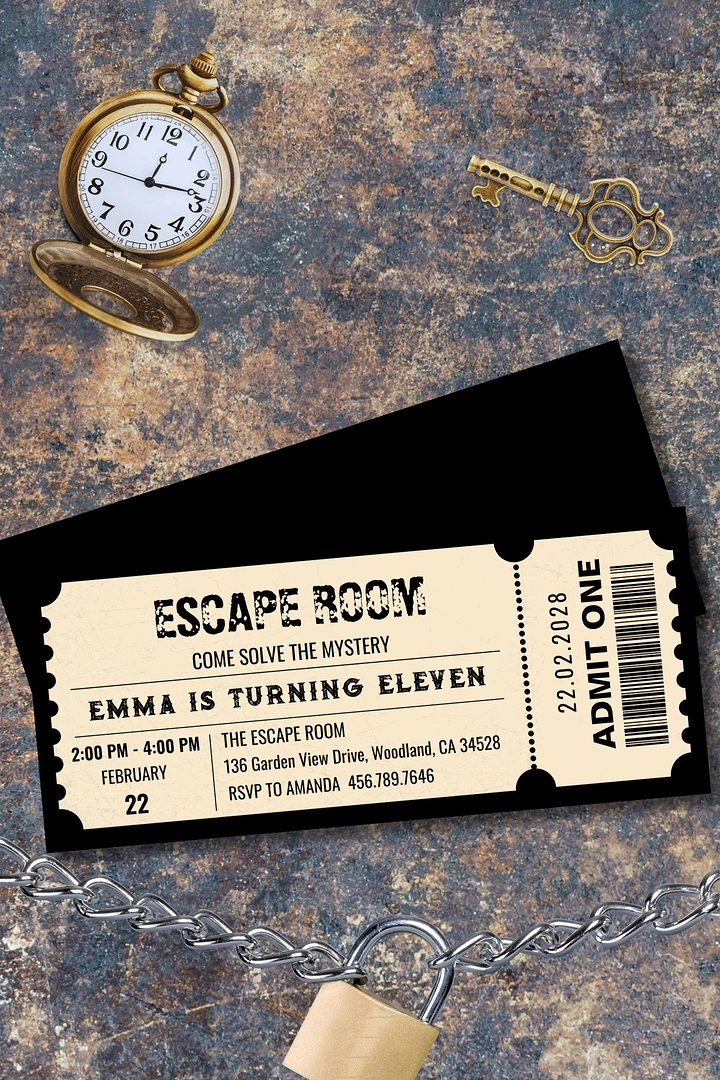 Escape Rooms creative ad: Escape ticket staged with puzzle props