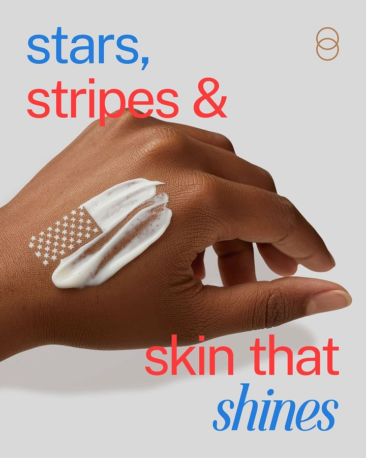 Independence Day creative ad: Hand with white lotion swatch shaped like the US flag