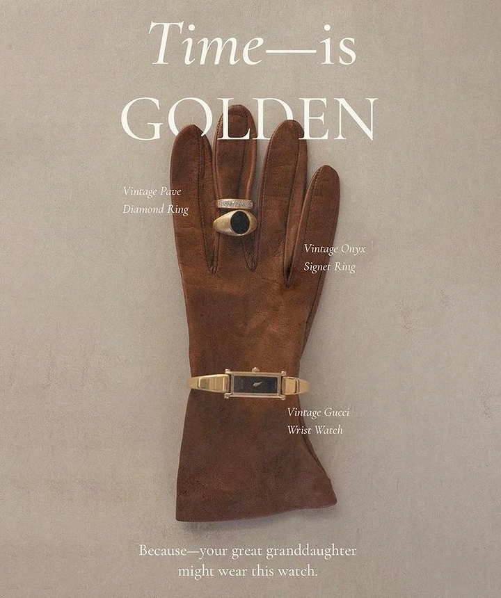 Jewellery creative ad: Brown leather glove wearing vintage rings and a gold watch