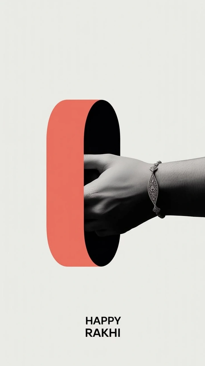 Raksha Bandhan creative ad: Monochrome hand wearing a rakhi, reaching out through a coral portal