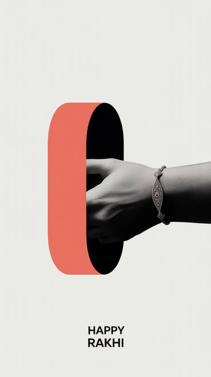 Monochrome hand wearing a rakhi, reaching out through a coral portal