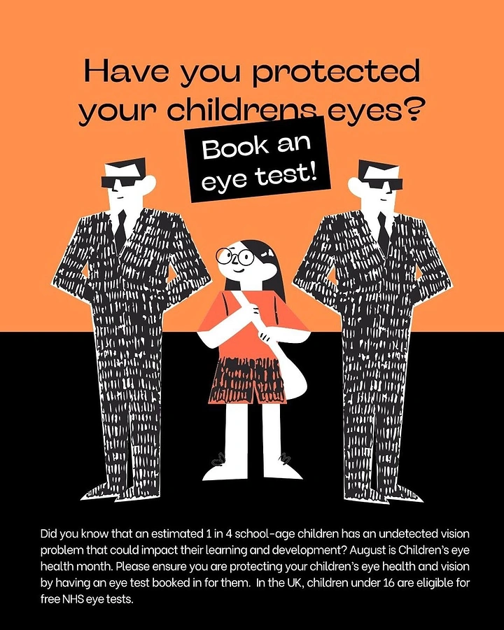 Opticians & Eye Care creative ad: Eye-chart suited bodyguards protecting child