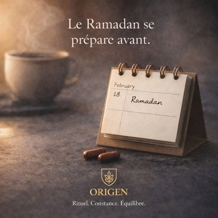 Ramadan creative ad: Spiral desk calendar marked Ramadan with capsules and a steaming cup