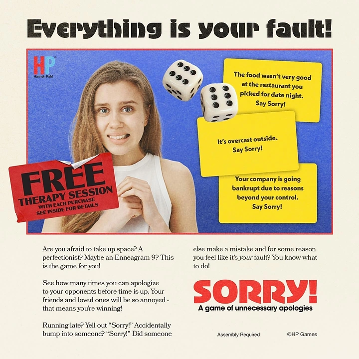 Board Games & Game Cafes creative ad: Blame-the-game therapy campaign pun