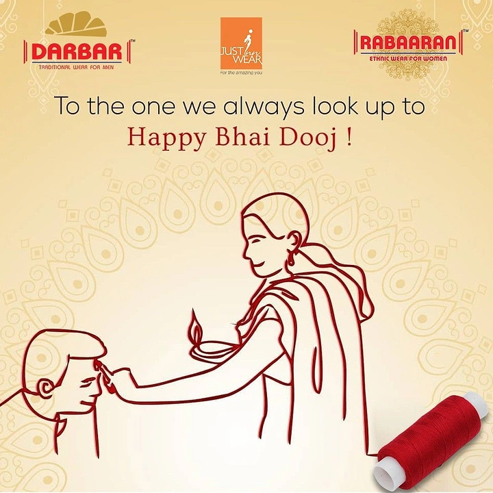 Bhai Dooj creative ad: Red single-line drawing of a sister applying tilak to her brother