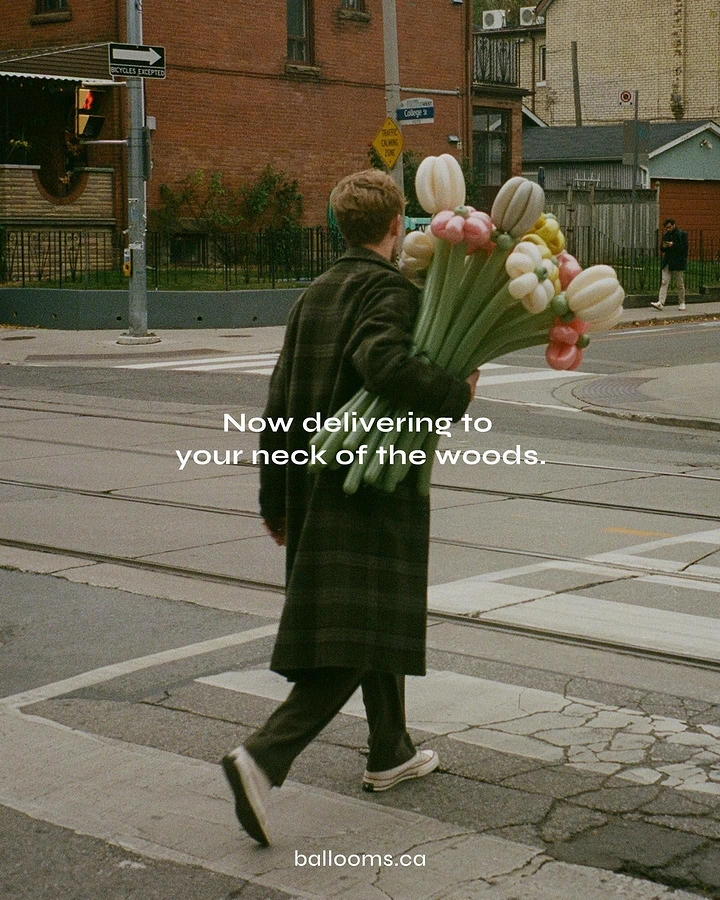 Balloon & Party Decorators creative ad: Delivery pun paired with street scene