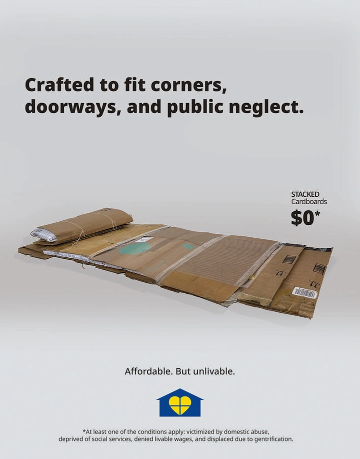 Creative ad: Flattened cardboard bed with a rolled pillow, presented like a furniture catalogue product