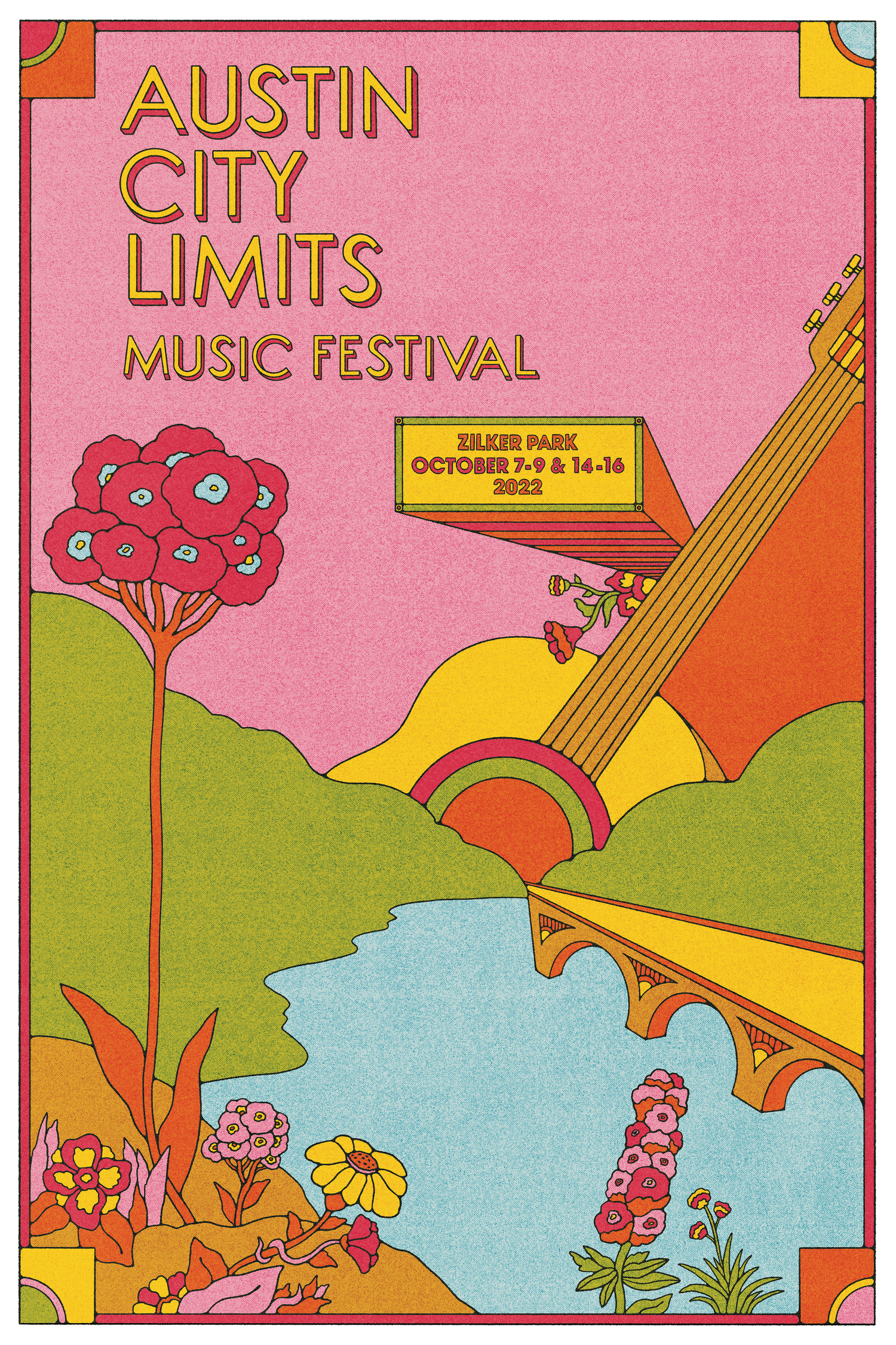 Poster: Guitar neck merging into a riverside landscape