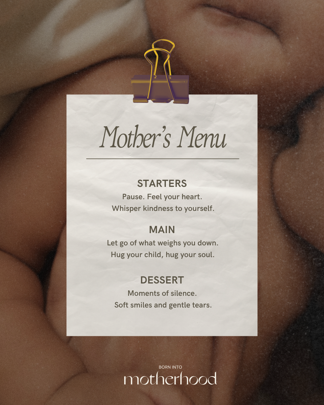 Clipped paper menu card over a close-up of mother and baby skin
