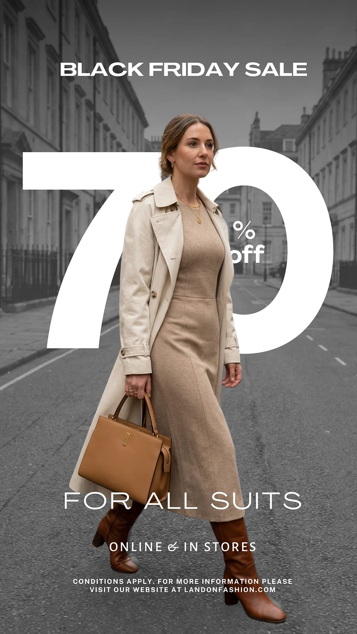 Black Friday creative ad: Woman in a beige trench coat walking down a city street