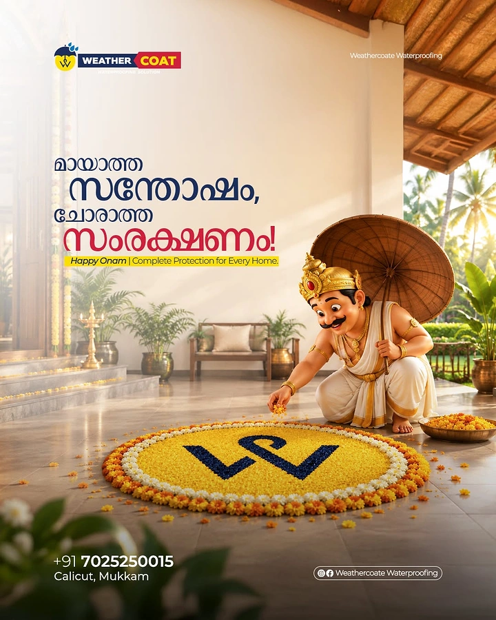 Onam creative ad: 3D cartoon Mahabali making a floral pookalam on a veranda