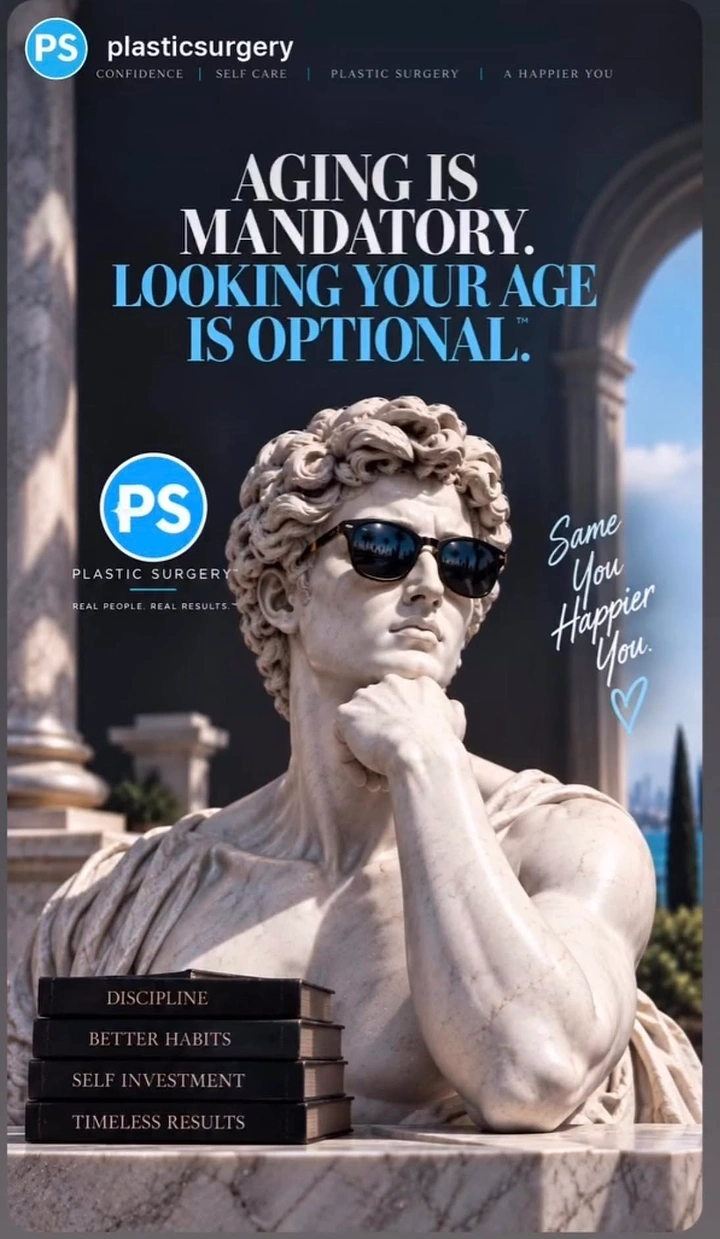 Plastic Surgery Clinics creative ad: Statue metaphor supports witty aging message
