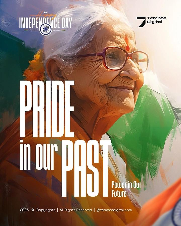Independence Day creative ad: Painterly portrait of smiling elderly Indian woman