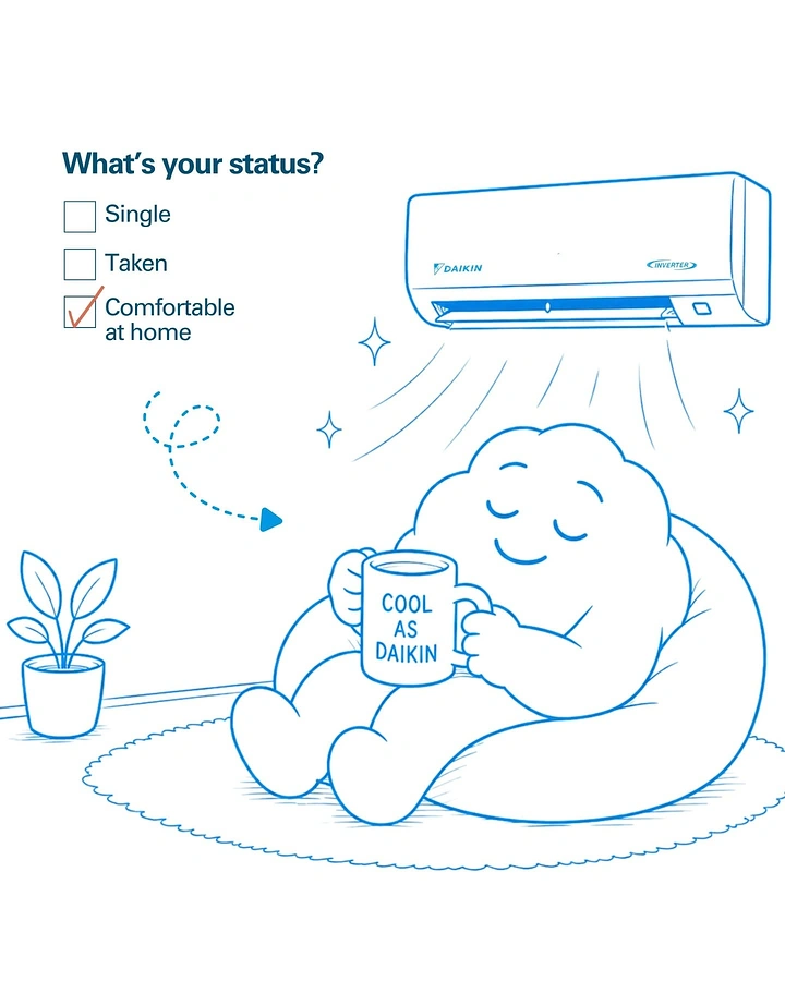 Home Appliances creative ad: Cloud mascot relaxing on a beanbag under an AC