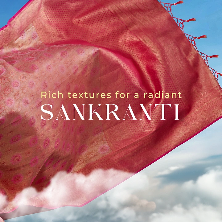 Makar Sankranti creative ad: Pink brocade silk saree billowing in the sky like a kite