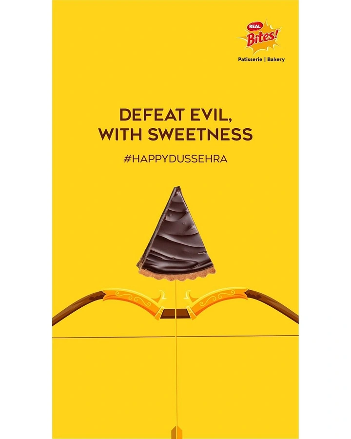 Dussehra creative ad: A chocolate tart slice as an arrowhead on a drawn bow