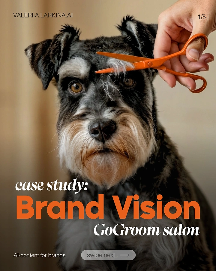 Pet Grooming creative ad: Grumpy schnauzer getting eyebrow trim, strong type