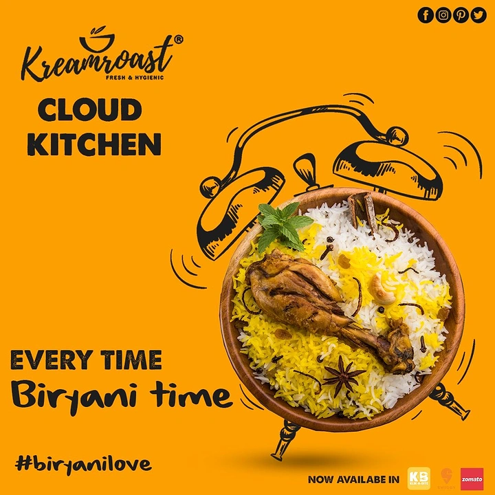 Cloud Kitchens & Food Trucks creative ad: Biryani plate as alarm clock pun
