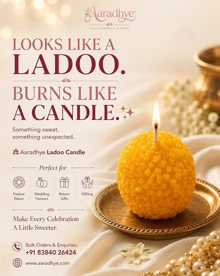 Diwali creative ad: A single glowing ladoo-shaped candle presented like a luxury sweet