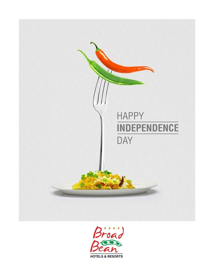Independence Day creative ad: Fork with red and green chillies over a plate of pulao
