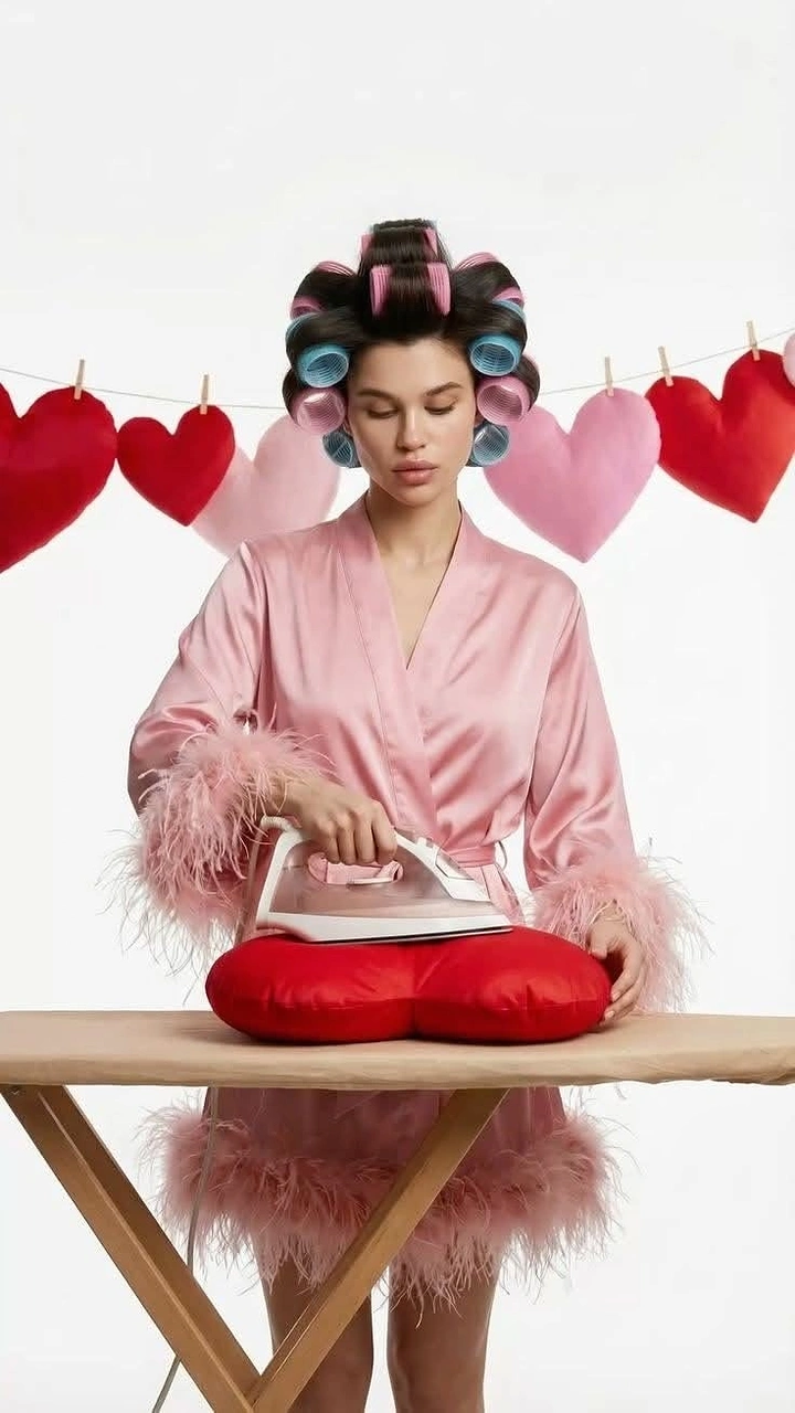 Valentine's Day creative ad: Woman in rollers and pink robe ironing a heart pillow