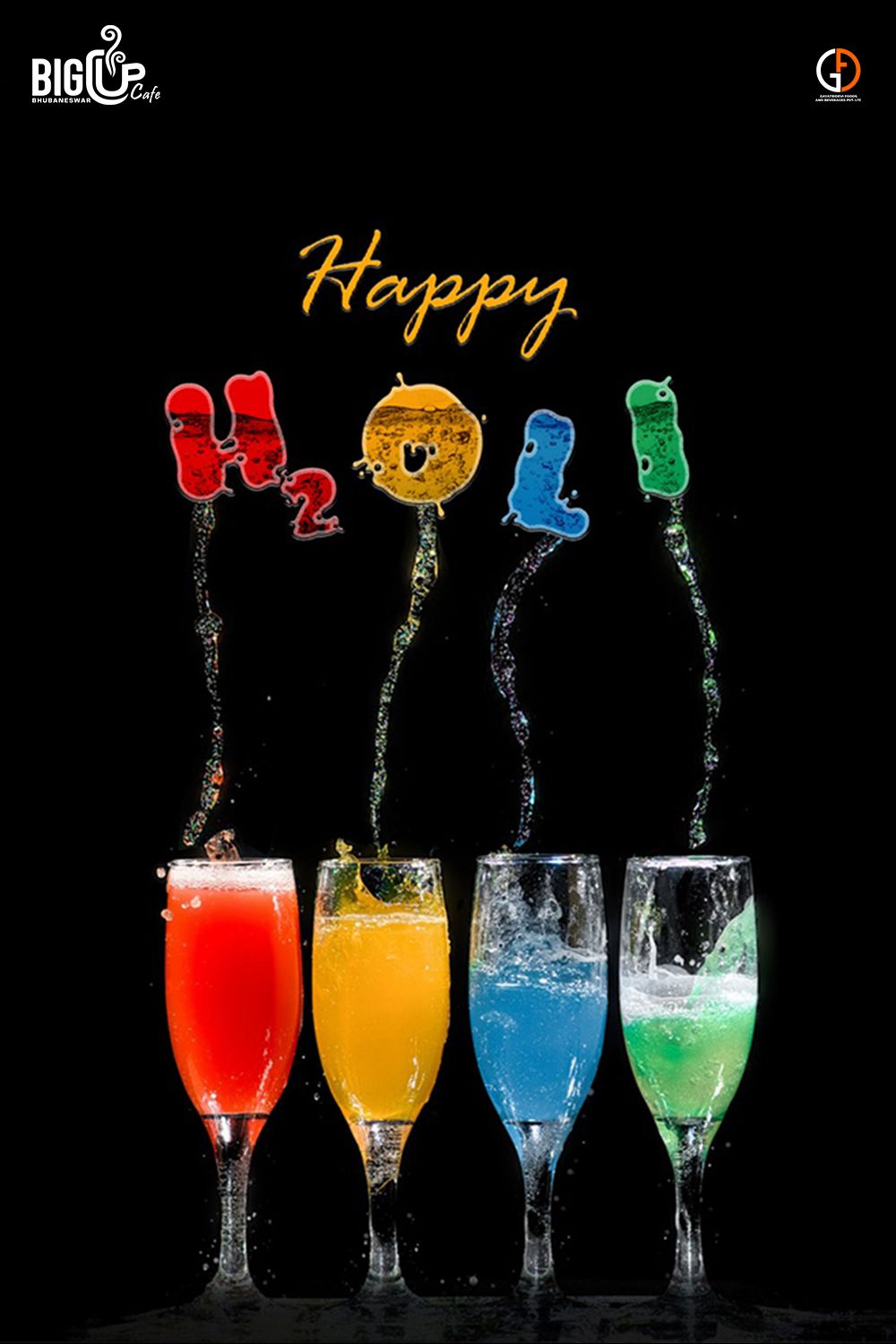 Four coloured drinks in flutes whose splashes form the letters of HOLI