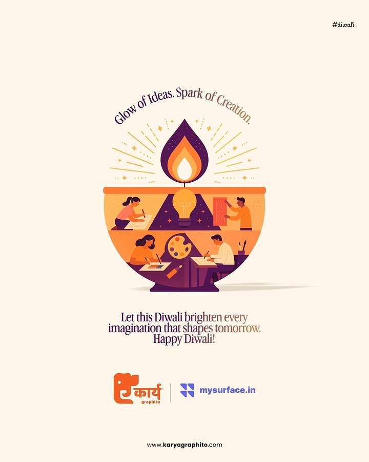 Diwali creative ad: Diya bowl filled with vignettes of people drawing and painting