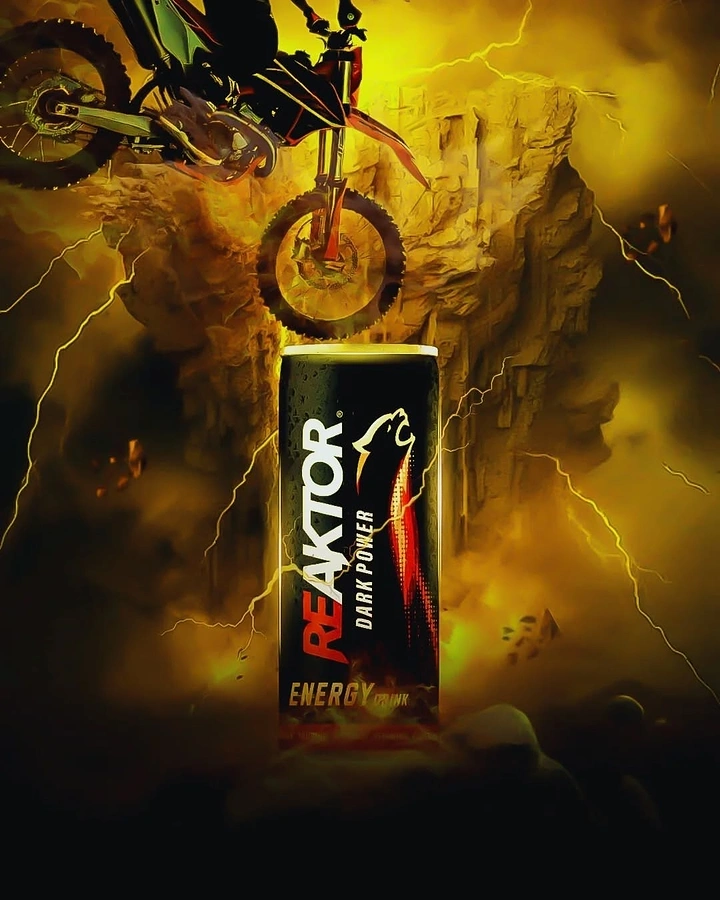 Energy & Sports Drinks creative ad: Lightning motorcycle world gives product dramatic myth