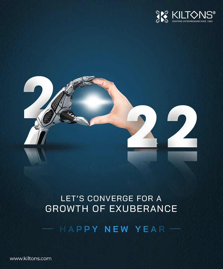 New Year creative ad: Robot and human hands forming the zero in 2022