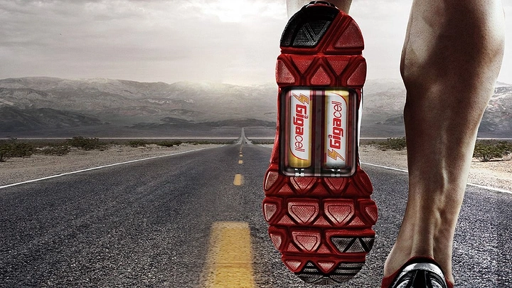 Batteries & Inverters creative ad: Running shoe sole with two batteries visible inside