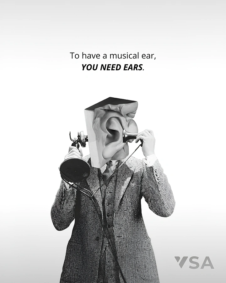 Hearing Aids creative ad: Surreal ear-headed man, musical ear pun