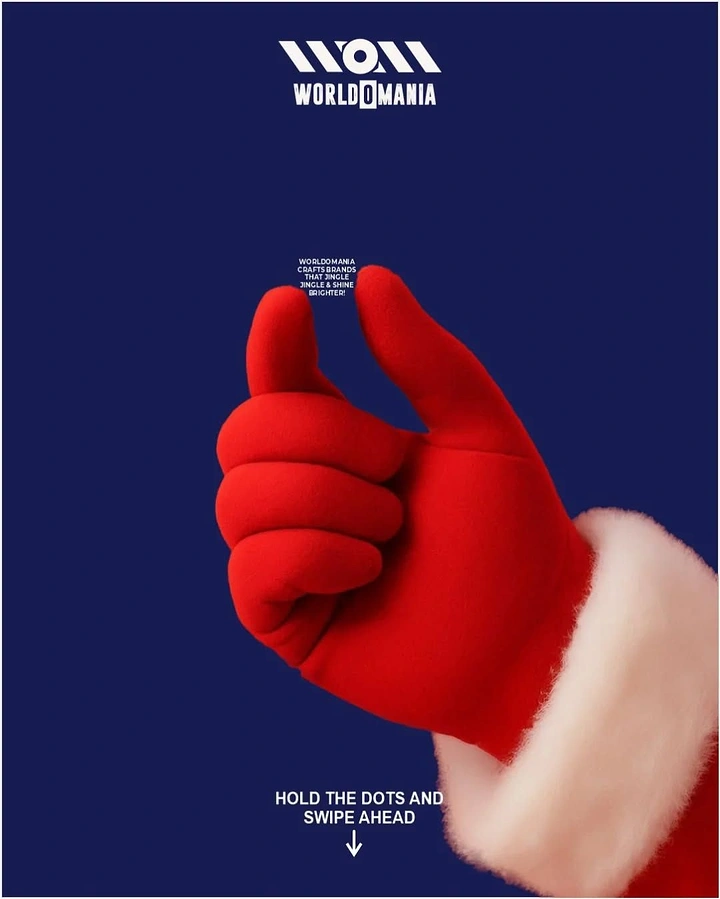 Christmas creative ad: Santa's red gloved hand pinching tiny text