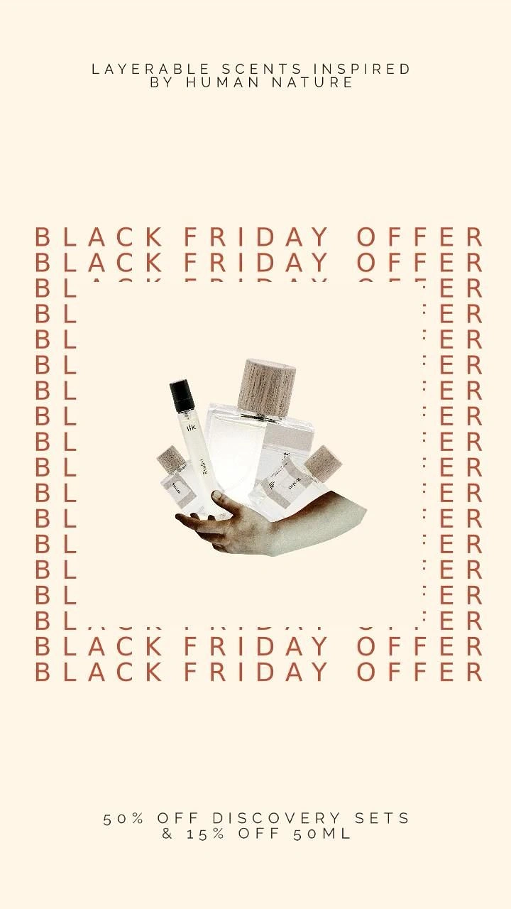 Black Friday creative ad: Cut-out hand holding perfume bottles and a travel spray
