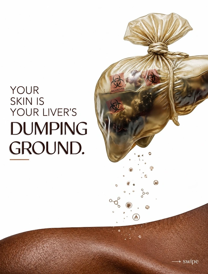 Supplements & Protein creative ad: Liver shaped as a tied gold trash bag dripping toxins onto skin
