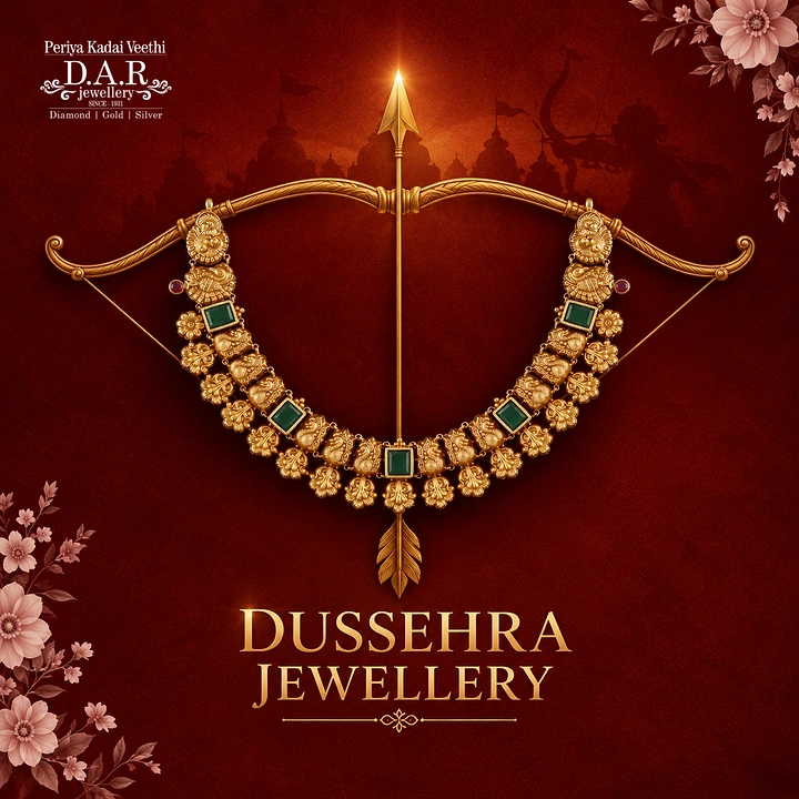 Dussehra creative ad: Ornate gold necklace arranged across a ceremonial bow