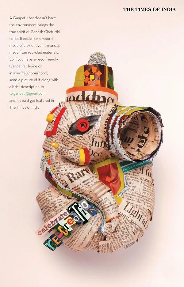 Ganesh Chaturthi creative ad: Ganesha sculpted from rolled recycled newspaper