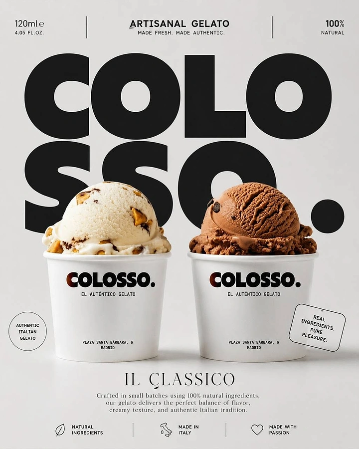 Sweet Shop creative ad: Two white branded cups of vanilla-cookie and chocolate gelato