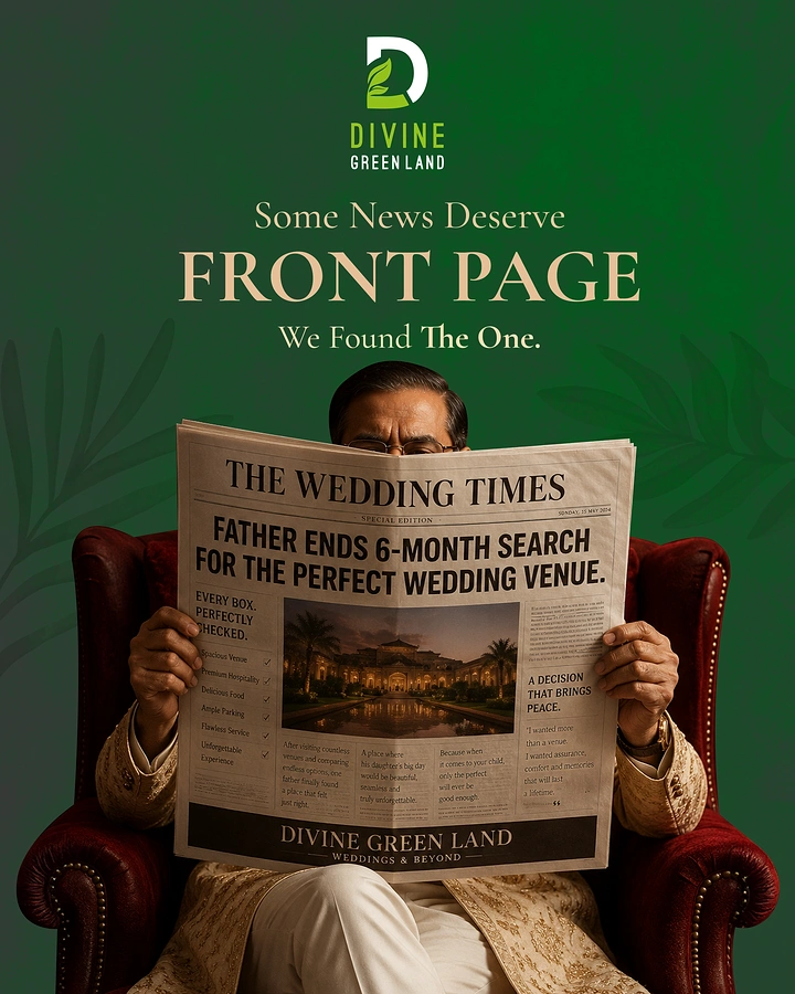 Banquet Halls & Venues creative ad: Father's newspaper headline announces venue found