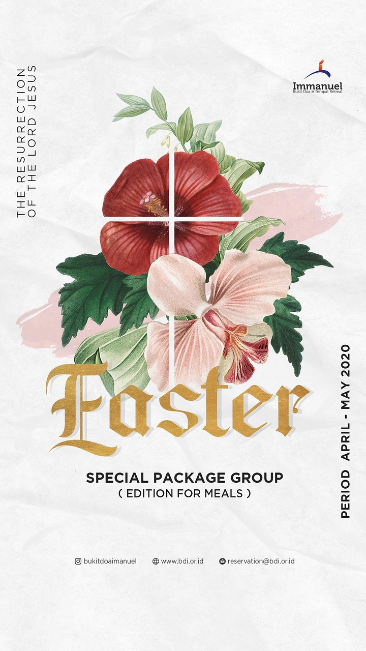 Easter creative ad: Vintage botanical floral bouquet with a white cross cut through it