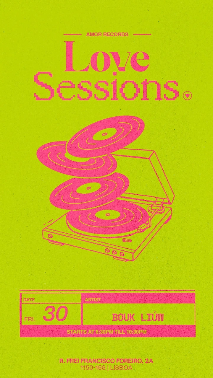 Creative ad: Pink line-art turntable with vinyl records floating upward