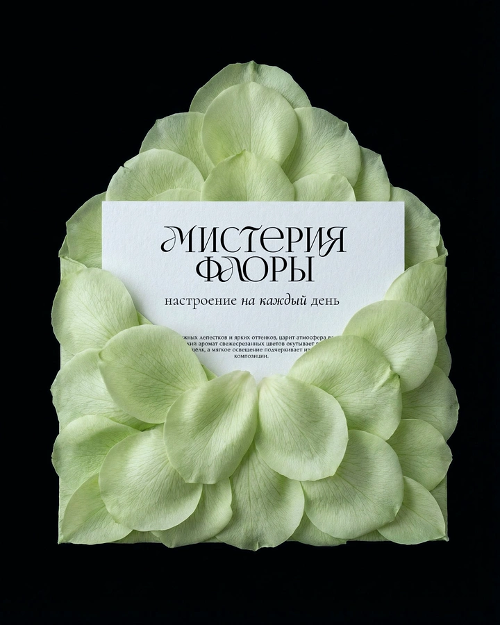 Florists creative ad: Envelope built from pale green rose petals holding a white card