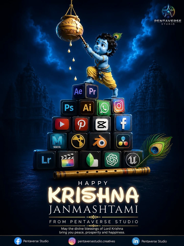 Janmashtami creative ad: Baby Krishna climbing a pyramid of software app-icon cubes to reach a butter pot