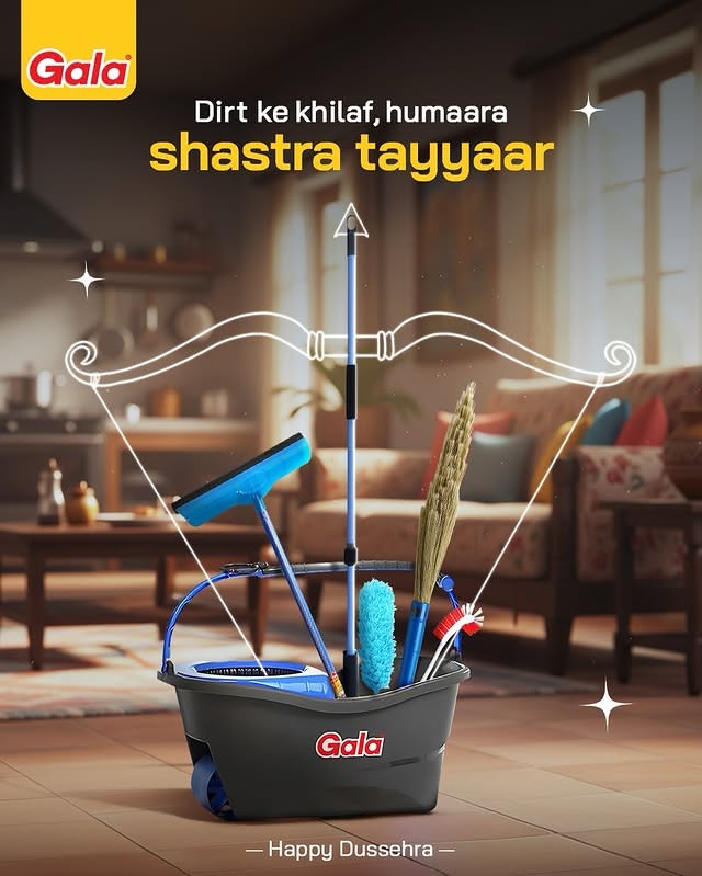 Dussehra Instagram post: Mop bucket of cleaning tools with an outlined bow drawn around the mop