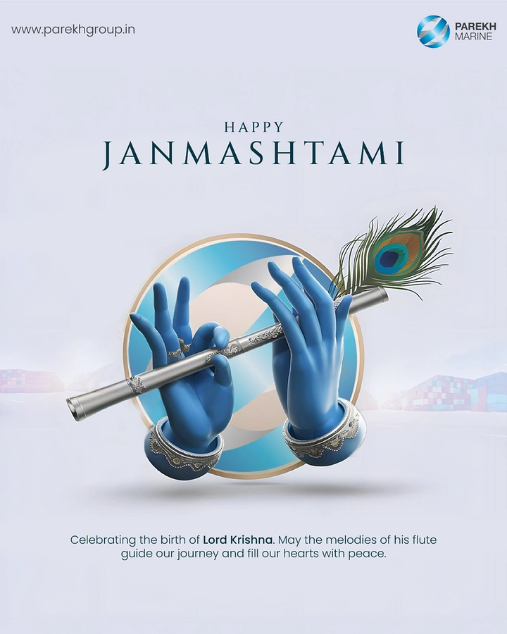 Janmashtami creative ad: 3D blue hands holding a silver flute in front of the brand logo circle