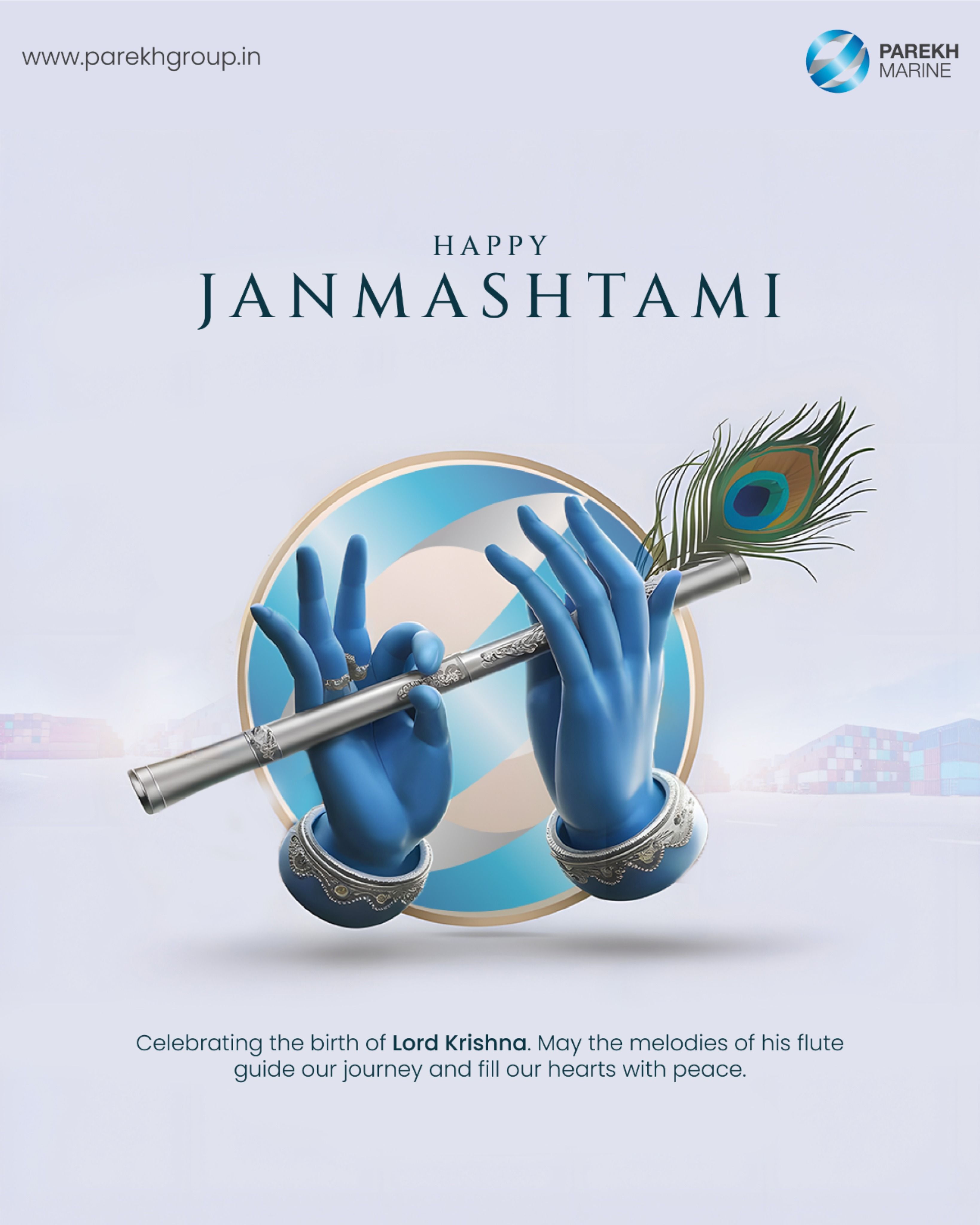 3D blue hands holding a silver flute in front of the brand logo circle