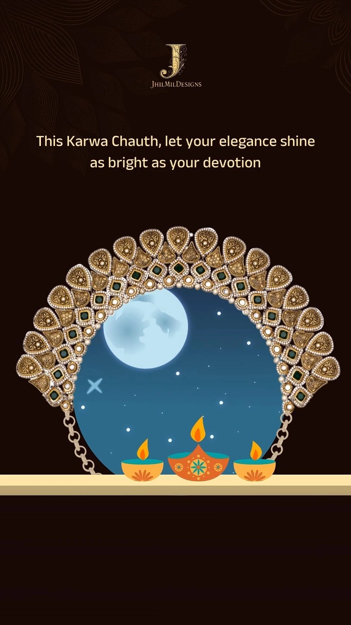 Karwa Chauth creative ad: Antique kundan choker framing an illustrated moonlit sky with diyas