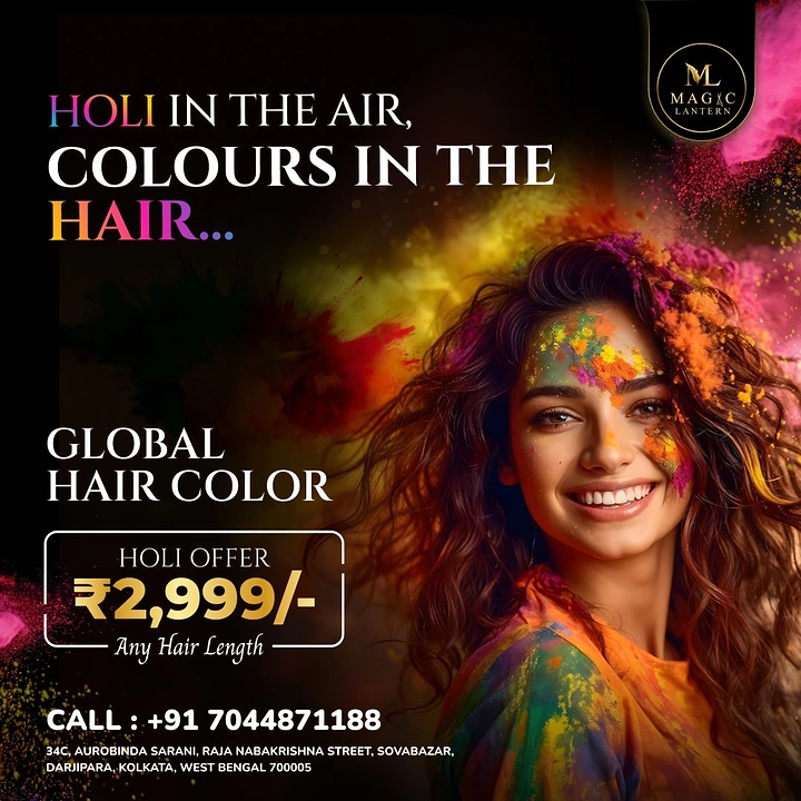 Holi creative ad: Smiling woman with wavy hair and a Holi-colour-smeared face amid powder clouds